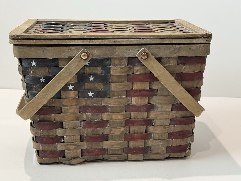 Primitive Americana Distressed Wood Basket Lid Lined Handles American Flag